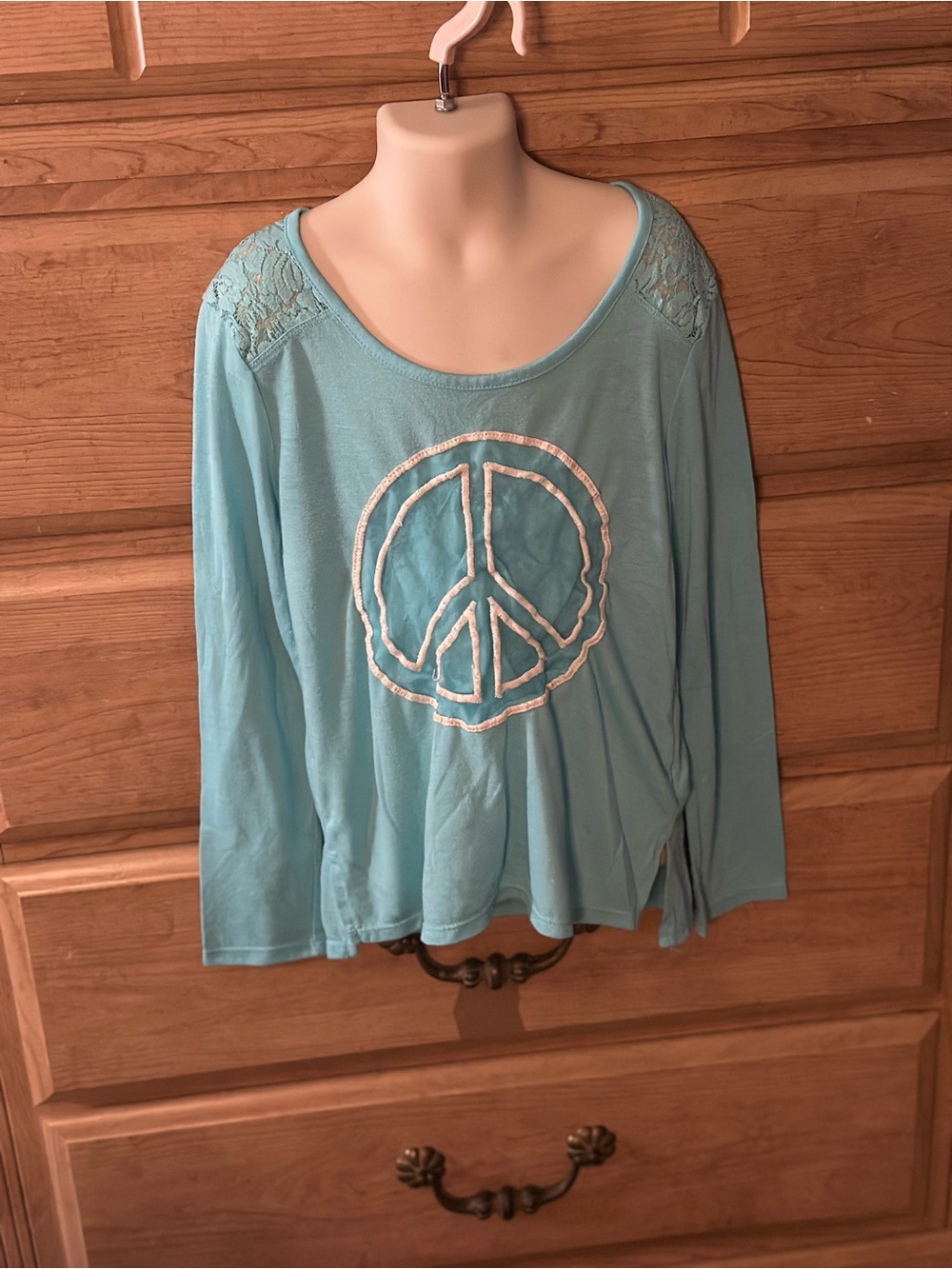 Mudd | Teal Long Sleeve Top w/ Embroidered Peace Sign and Lace Shoulders | 7/8Y